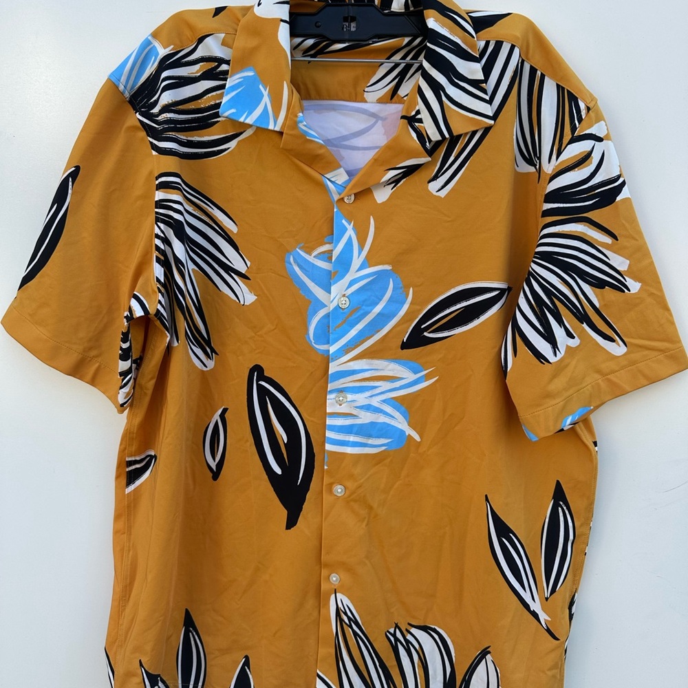 Zara Men's Mustard and Blue Leaf Print Shirt